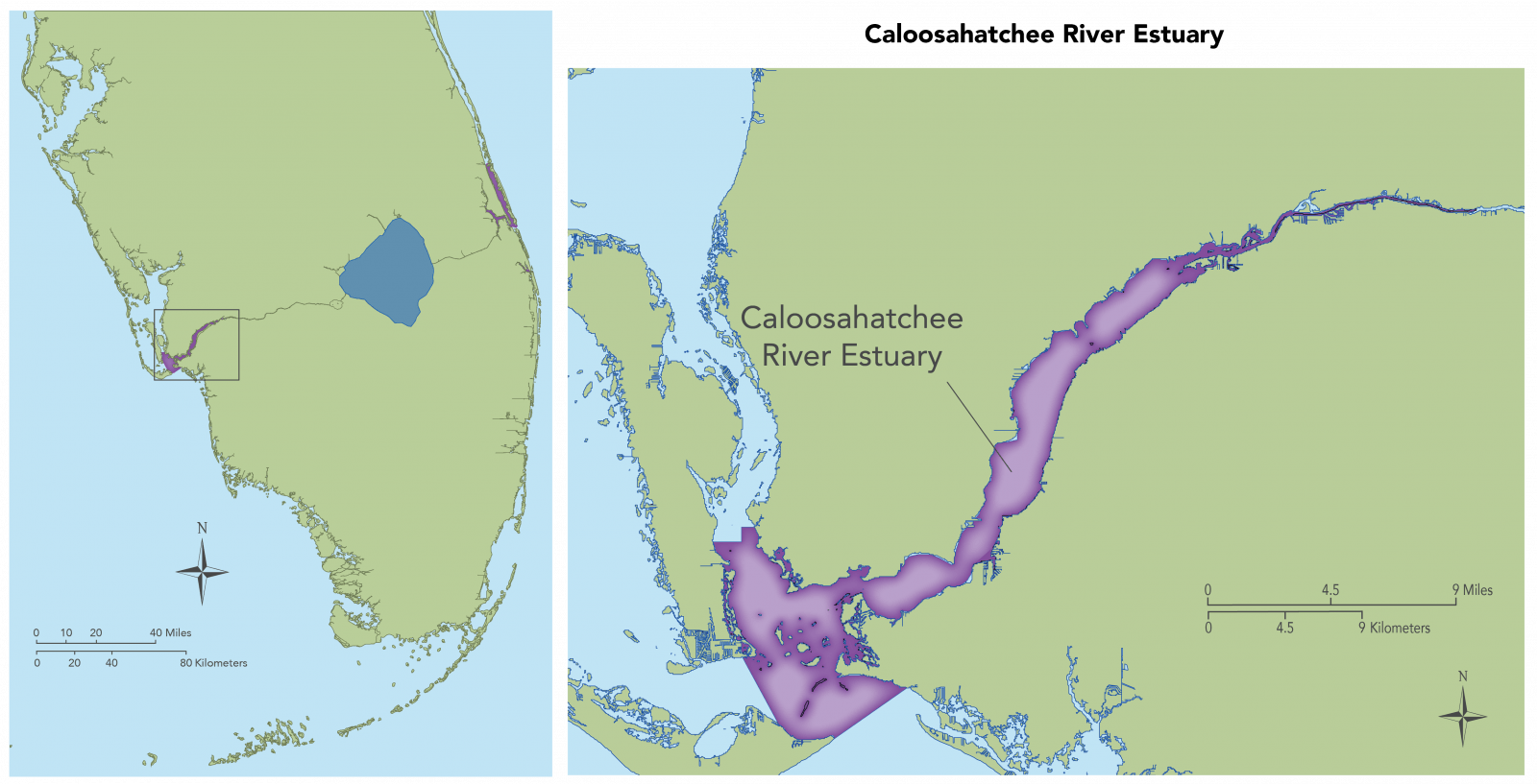 Caloosahatchee River Estuary map showing an overview and a close up of the specific region